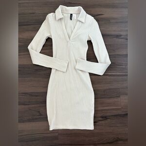 H&M Cream Long Sleeve Ribbed Dress